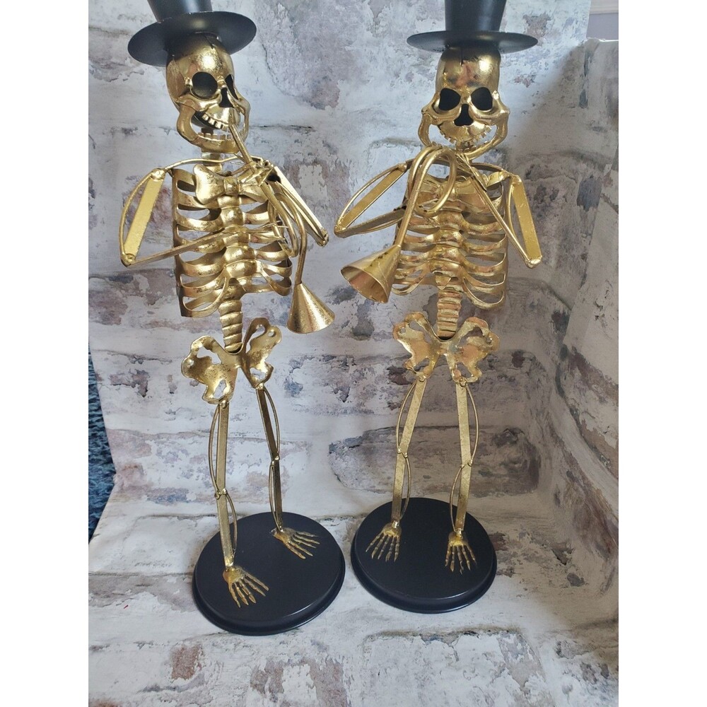 Set of 2 Gold Metal Skeleton Musician Statues Top Hat Trumpet Halloween Decor